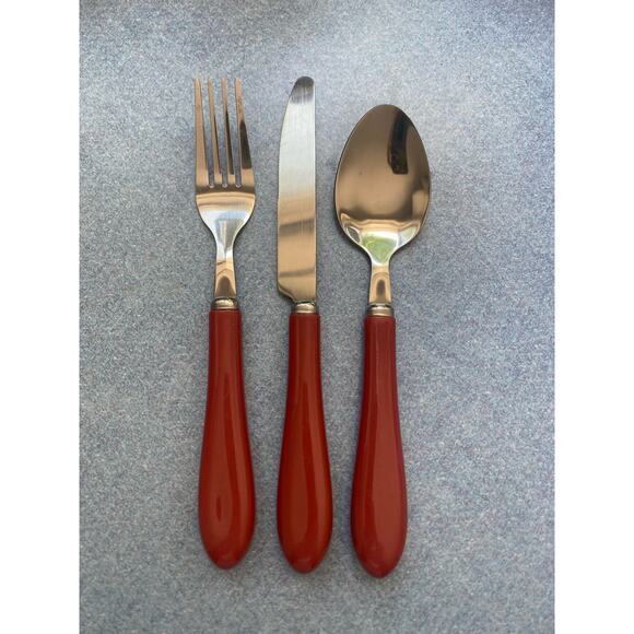 Pier 1 MCM Mauve Acrylic Handle Stainless Steel 3 Piece Flatware Set (2 Avail) - Picture 2 of 10
